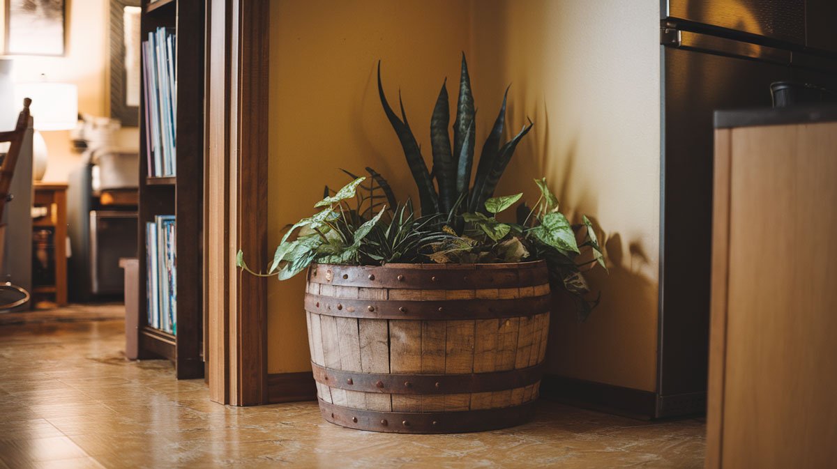 Wine barrel planter in an apartment.