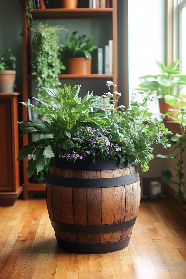 Wine barrel planter in an apartment.