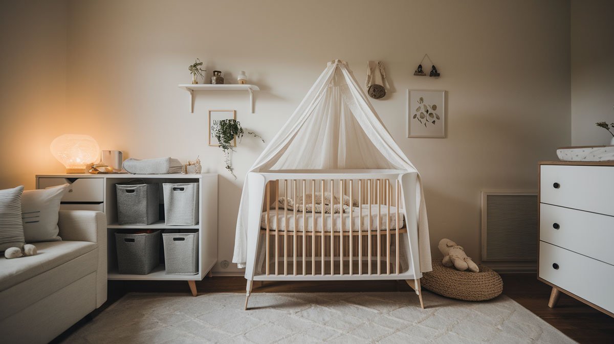 White bassinet and compact dresser in nursery.