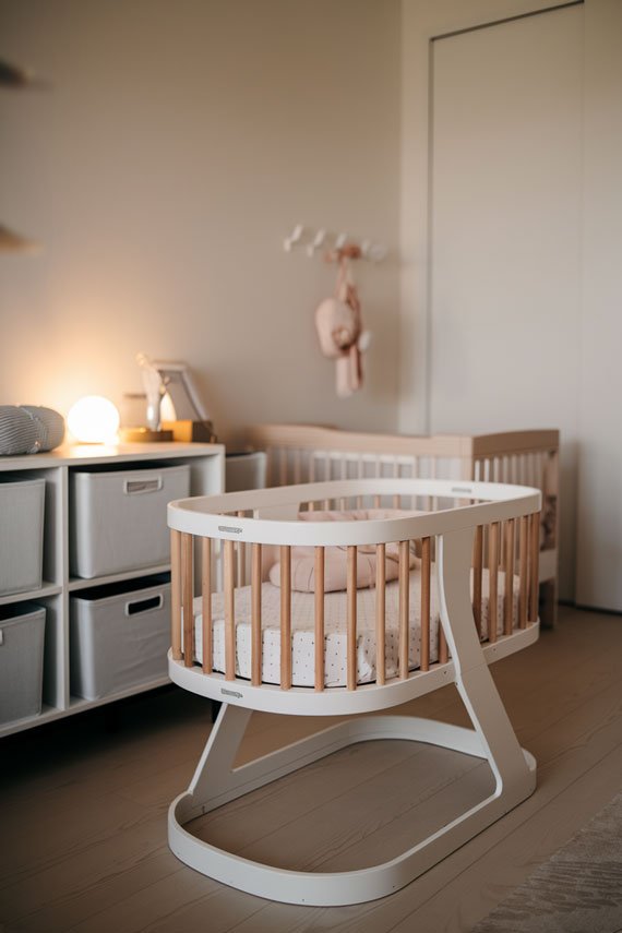 White bassinet and compact dresser in nursery.