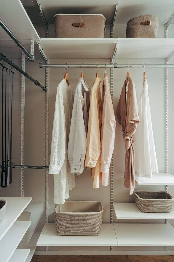 Organized closet with adjustable rods and accessories.