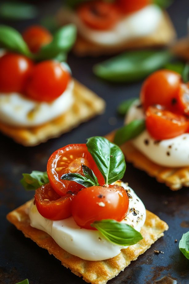 Mini caprese wreath bites on cracker