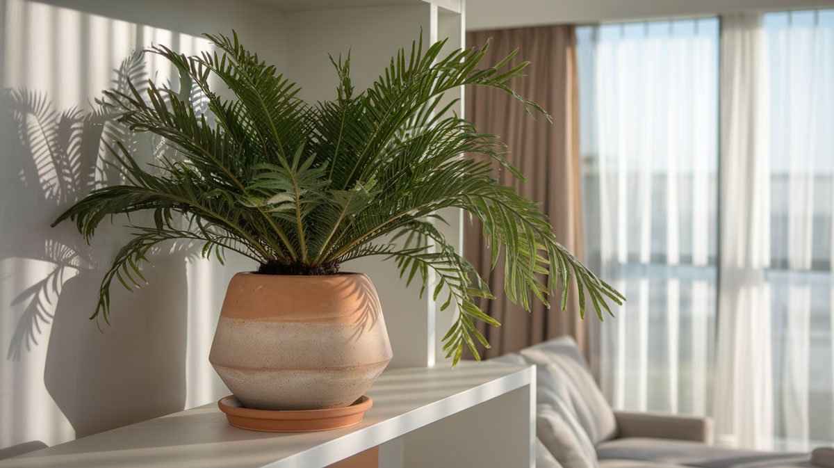 Parlor palm in terracotta pot, bright apartment.