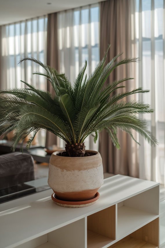 Parlor palm in terracotta pot, bright apartment.