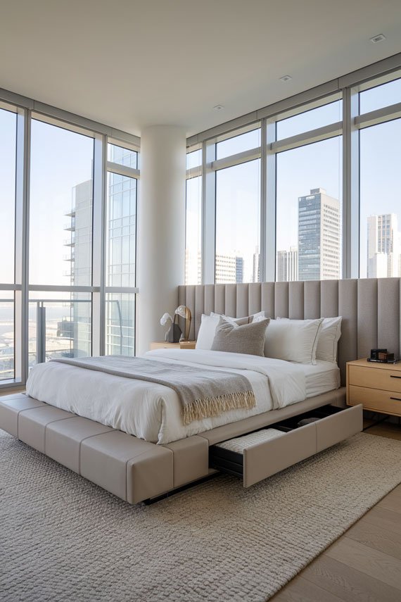 Modern storage bed with under-bed drawers in an urban apartment bedroom.