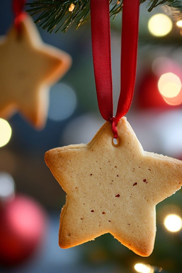 Savory Parmesan shortbread stars hanging from a tree.