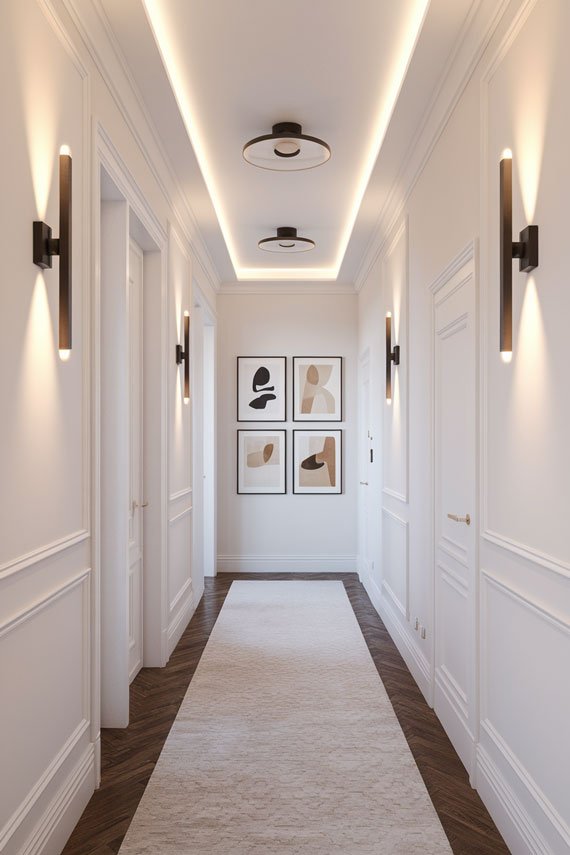 Bright hallway with modern layered lighting