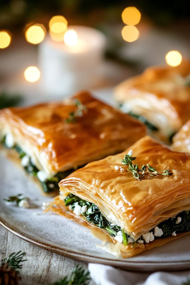 Golden phyllo ornaments filled with spinach and feta