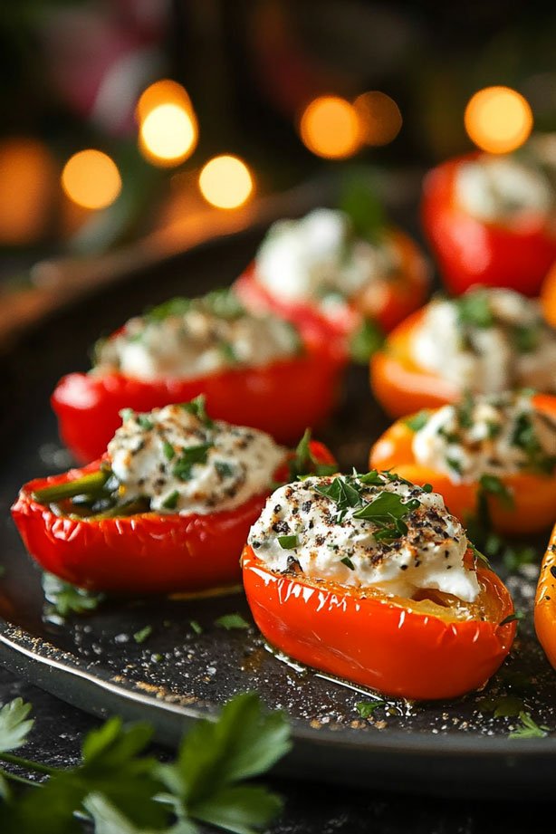 Stuffed mini sweet pepper appetizers glowing brightly