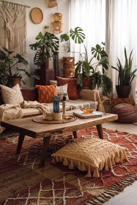 Bohemian living room with layered rugs and lush plants.