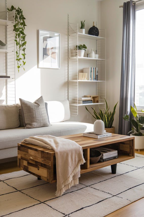 Reclaimed wood coffee table bench with hidden storage in a cozy urban apartment.