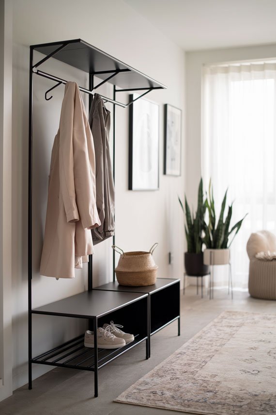 Minimalist entryway rack in a modern apartment setting.