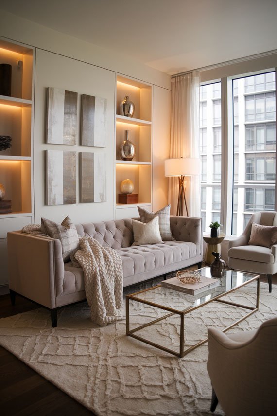 Neutral-toned transitional apartment living room with modern and classic design elements.