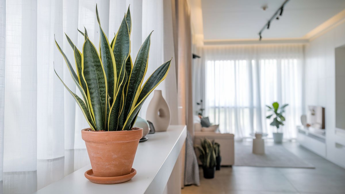 Snake plant in terracotta pot, modern apartment.