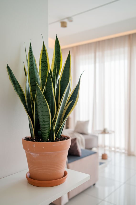 Snake plant in terracotta pot, modern apartment.