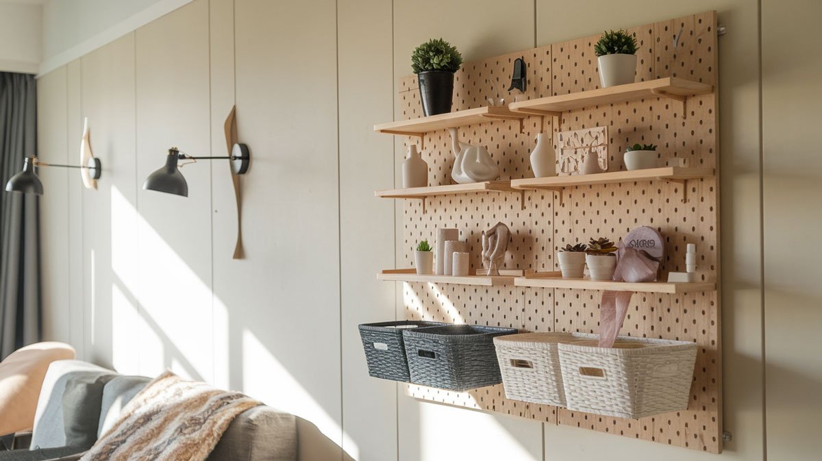 Wooden pegboard shelf with decorative items and plants in an apartment.