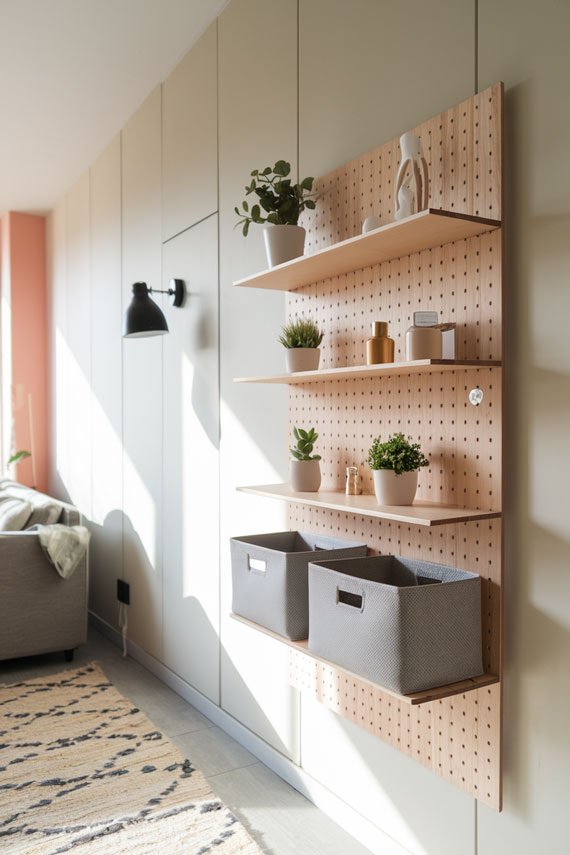 Wooden pegboard shelf with decorative items and plants in an apartment.